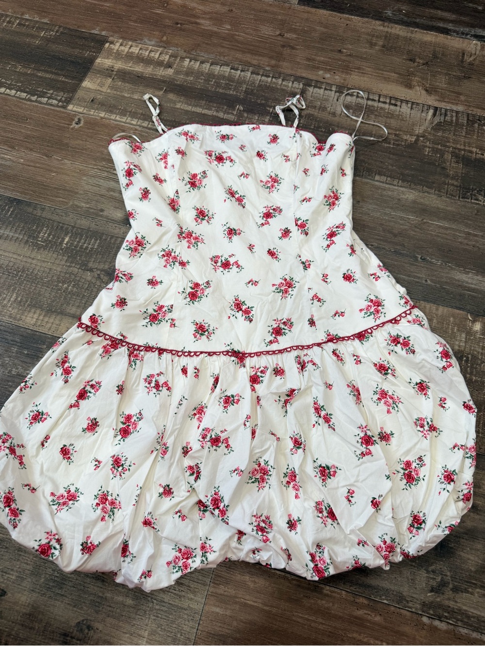 White Floral bubble Mini Dress with Pink Rose Print